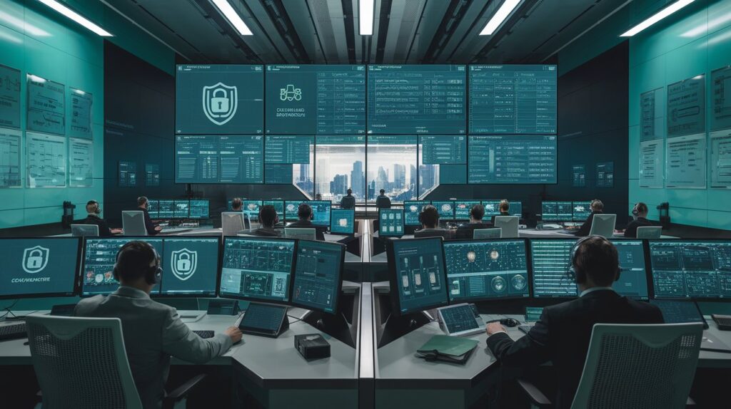 A sleek, high-tech control room with monitors displaying lock icons, security shields, and compliance checklists. Professionals wearing headsets or analyzing data in real-time.