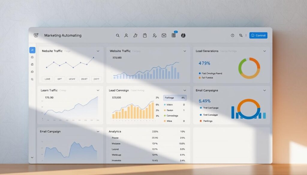 A sleek, modern marketing automation dashboard for a small business, featuring a minimalist interface with clean lines and a neutral color palette. The foreground showcases a series of interactive widgets and charts displaying key performance metrics such as website traffic, lead generation, and email campaign analytics. The middle ground includes intuitive controls and customizable settings, allowing the user to easily configure and optimize their marketing automation processes. The background features a subtle geometric pattern or texture, creating a sense of depth and professionalism. The lighting is soft and natural, with a balance of warm and cool tones, highlighting the clarity and precision of the dashboard design. The overall mood is one of efficiency, productivity, and a streamlined approach to small business marketing.