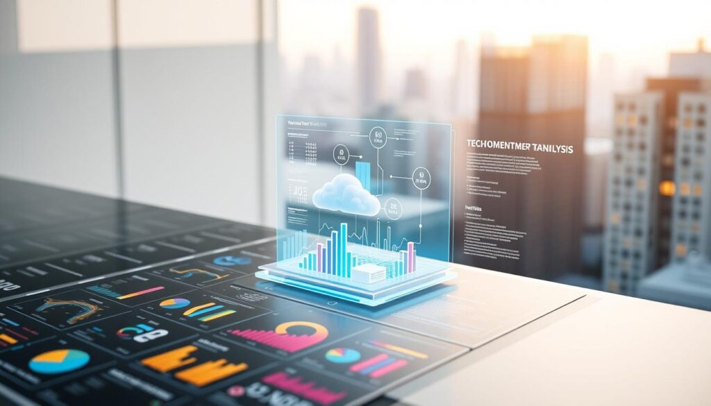 A sleek, modern technology investment framework analysis, rendered in a clean, minimalist style. The foreground features a grid of colorful data visualizations and charts, depicting key metrics and investment insights. The middle ground showcases a 3D holographic model of an abstract technology investment process, with dynamic data points and interactive elements. The background is a softly blurred cityscape, hinting at the urban environment where such analyses are conducted. The lighting is warm and indirect, creating a sense of professionalism and authority. The overall composition conveys a comprehensive, data-driven approach to technology investment decision-making.