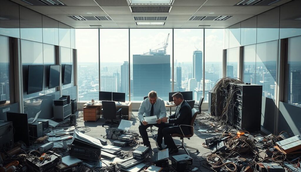A sun-drenched corporate office, walls adorned with sleek, state-of-the-art technology. In the foreground, a team of executives poring over financial reports, their expressions crestfallen. Scattered around them, the remnants of abandoned projects - half-assembled servers, tangled wires, and outdated equipment. The middle ground reflects the scale of the failure, with a looming shadow of a crumbling tech infrastructure casting a pall over the scene. In the background, a panoramic view of a bustling city skyline, a stark contrast to the wasted opportunity and missed potential within these walls. The mood is one of disillusionment and the high cost of corporate technology missteps.