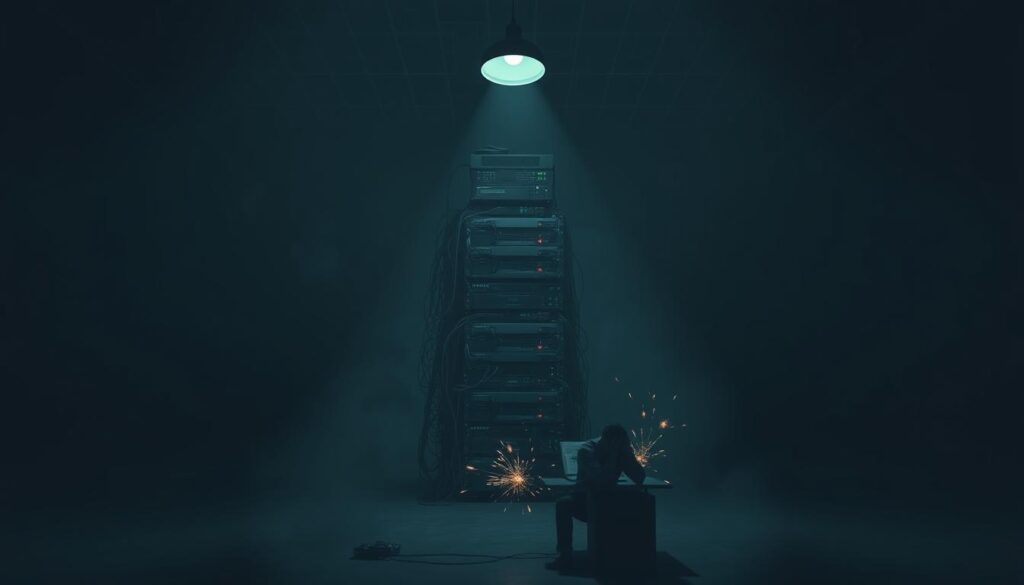 A vast, gloomy office space, dimly lit by a single flickering overhead lamp. In the center, a towering stack of servers and computer equipment, their tangled wires and blinking lights representing the failed technology investments of a growing company. Shadows loom large, creating an atmosphere of uncertainty and regret. In the foreground, a lone executive sits hunched over a desk, head in hands, contemplating the disastrous consequences of their technology missteps. The room is devoid of color, save for the occasional spark of electricity, symbolizing the high financial and opportunity costs of these mistakes. An imposing, ominous scene that captures the essence of the article's subject.